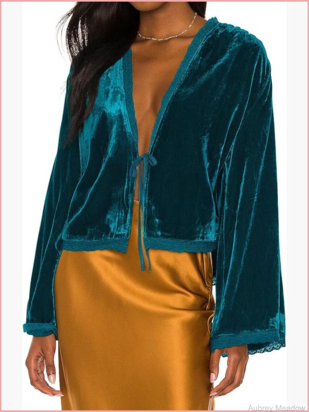 Velvet Casual Jacket Bell Long Sleeve Tie Front Lace Trim Loose Vintage Kimono